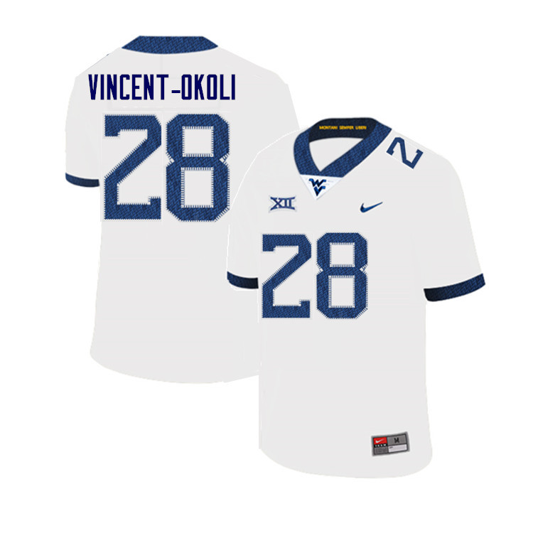 Men #28 David Vincent-Okoli West Virginia Mountaineers College Football Jerseys Sale-White - Click Image to Close